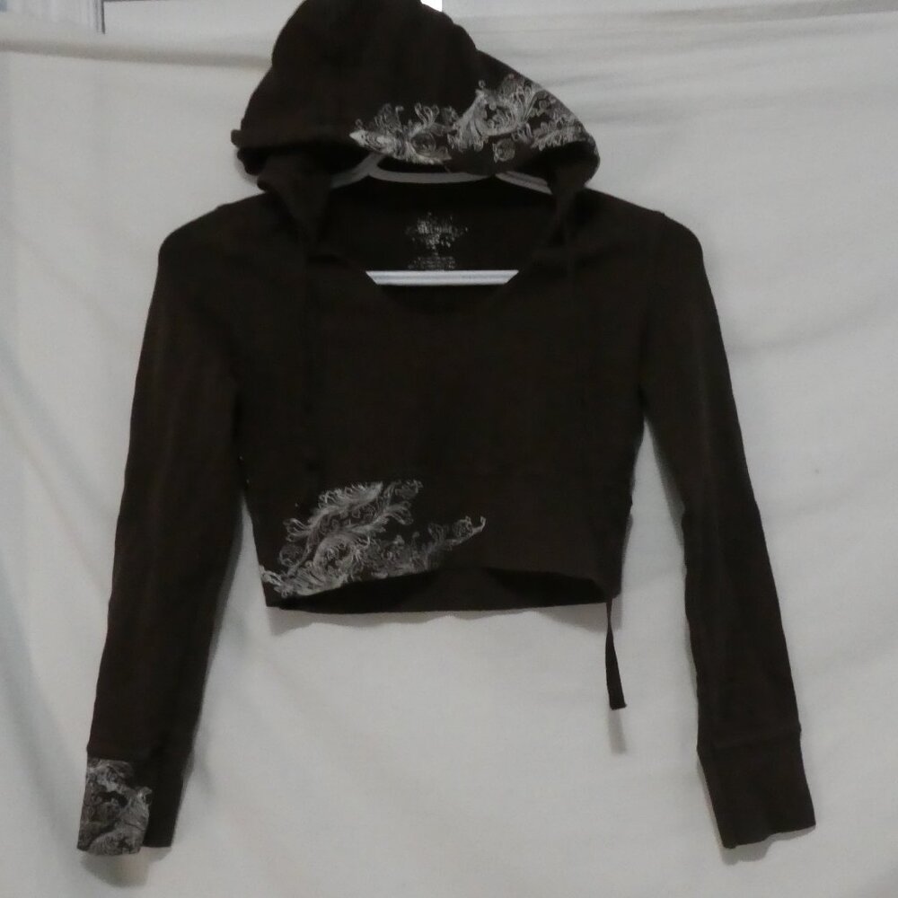 SIBLINGS | large | Cropped Brown Hooded Sweatshirt | Floral Print Design